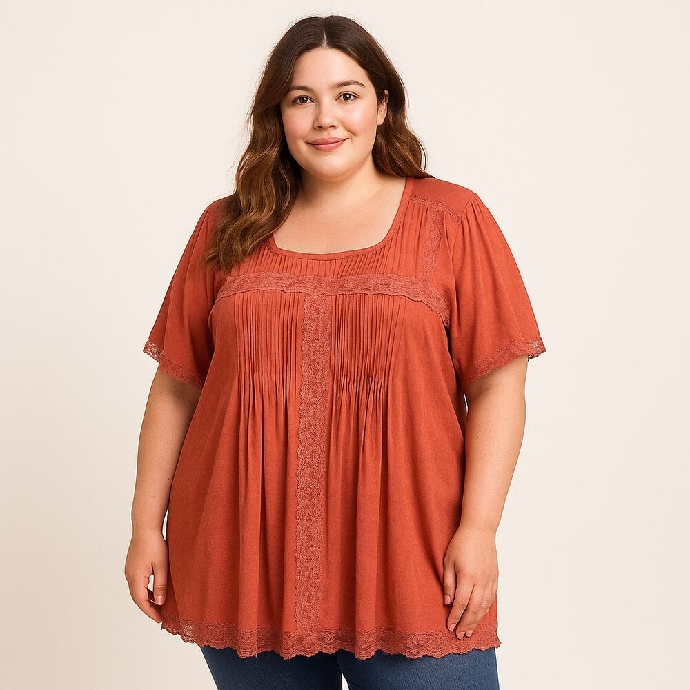 Woman Within Plus Size 3X Lace Pintuck Top Women Coral Orange Boho